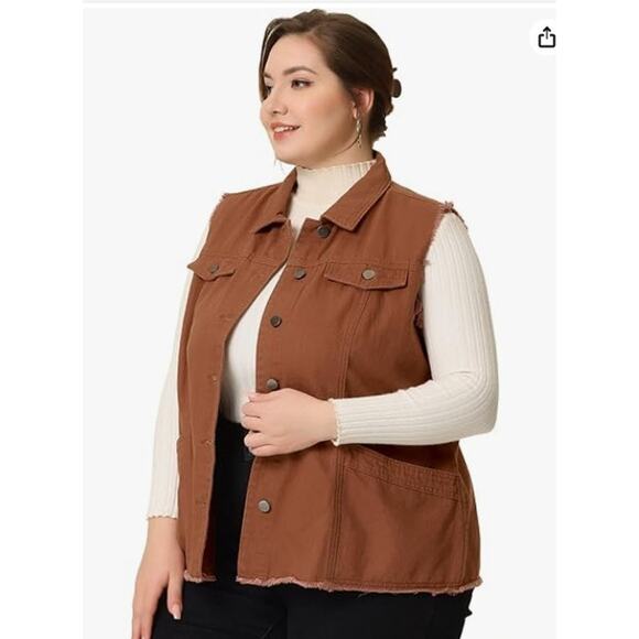 New NWT Agnes Orinda Denim Jackets‎ Women 2 Plus Size Frayed Hem Sleeveless Vest - Picture 1 of 16